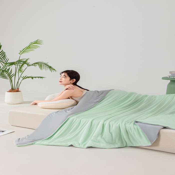 91家纺网 家纺一手货源 找家纺 潮邦家居 2025新款凉感丝夏被夏凉被空调被 薄荷绿拼灰