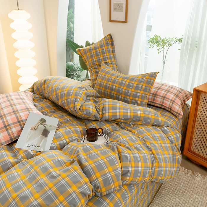 91家纺网 家纺一手货源 找家纺 喜四方 2025新款全棉色织水洗棉四件套 夏威夷（ 黄）