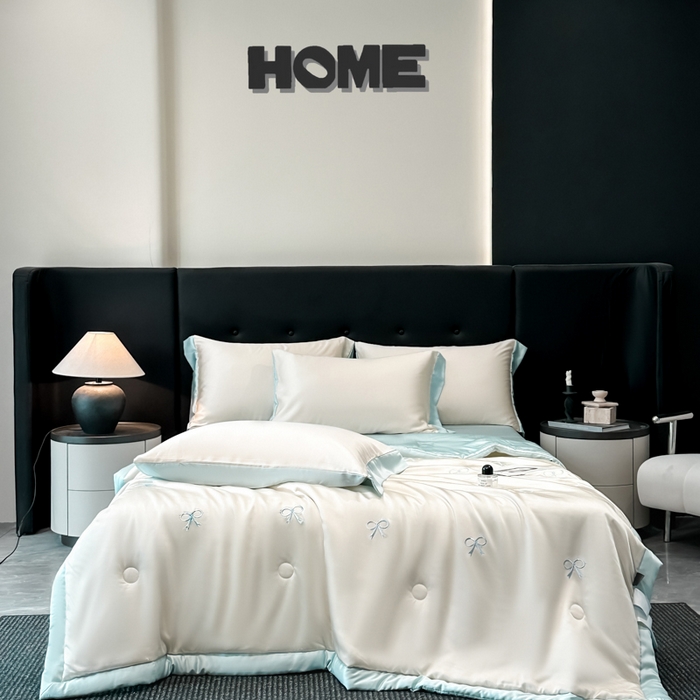 91家纺网 家纺一手货源 找家纺 满羽家纺 2025新款冰丝夏被四件套-满绣系列 蝴蝶结-奶白兰