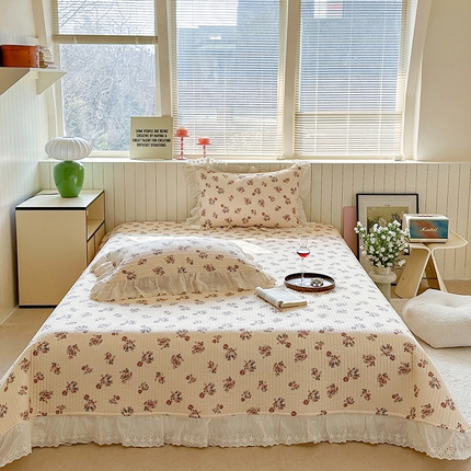 91家纺网 家纺一手货源 找家纺 （总）2025新款全棉双层纱法式花边印花款床盖三件套