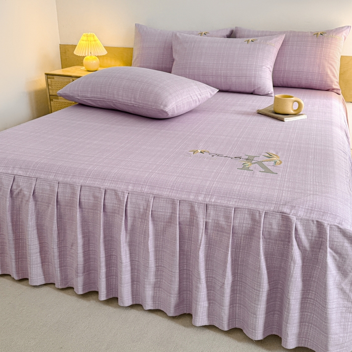 91家纺网 家纺一手货源 找家纺 布柔 2025新款100%全棉纯棉老粗布绣花印花凉席单品床裙 米多紫