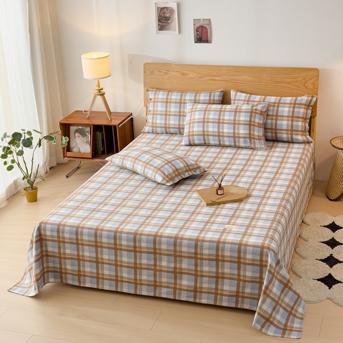 91家纺网 家纺一手货源 找家纺 仟网汇 2025新款活性印染无印纽扣原棉老粗布三件套 咖小格