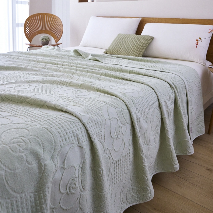 91家纺网 家纺一手货源 找家纺 爱港家纺 2025新款上海专版老式怀旧全棉A类纱布毛巾被 茶花-绿