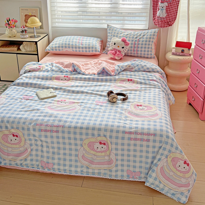 91家纺网 家纺一手货源 找家纺 妖妖家纺 2025新款超柔双层纱糯糯针织棉夏凉被四件套 蛋糕猫