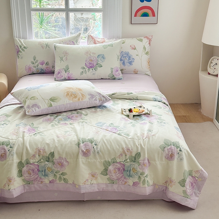 91家纺网 家纺一手货源 找家纺 瑜珠家纺 2025新款里外全棉棉花夏被 假日玫瑰