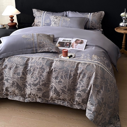 优悦生活馆 2025新款冰丝浮雕绣花四件套 迷雾花园-深灰