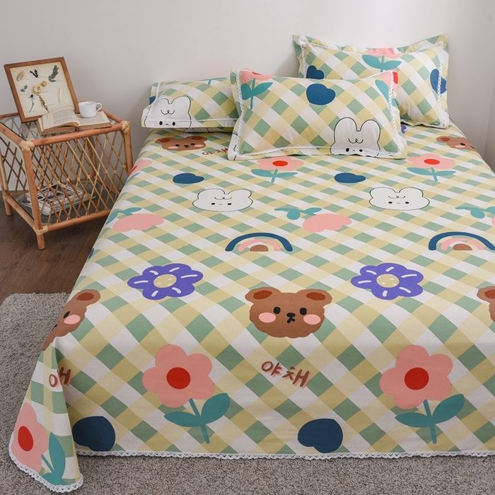 91家纺网 家纺一手货源 找家纺 仟网汇 2025全棉老粗布蕾丝花边三件套（无纺布手提包装） 彩虹熊