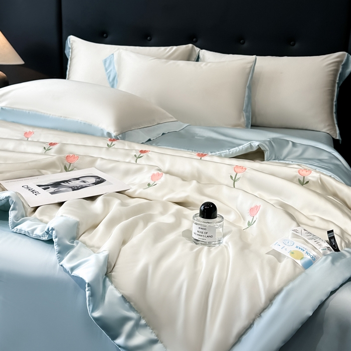 91家纺网 家纺一手货源 找家纺 满羽家纺 2025新款冰丝夏被四件套-满绣系列 郁金香-奶白兰