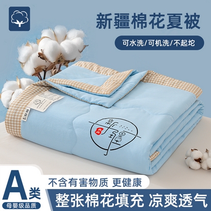 芯恋 2025年新款无印风千鸟格水洗棉新疆棉花夏被 天空蓝