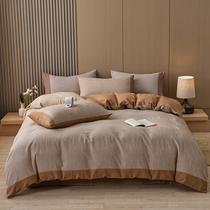 91家纺网 家纺一手货源 找家纺 金艾草2025年新款60S纯棉色织水洗大提花四件套 时光条-爱玛橙