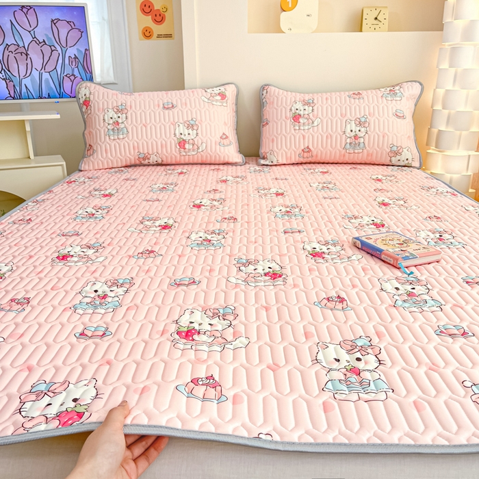 91家纺网 家纺一手货源 找家纺 柒月家居 2025新款小清新乳胶凉席 粉色猫咪