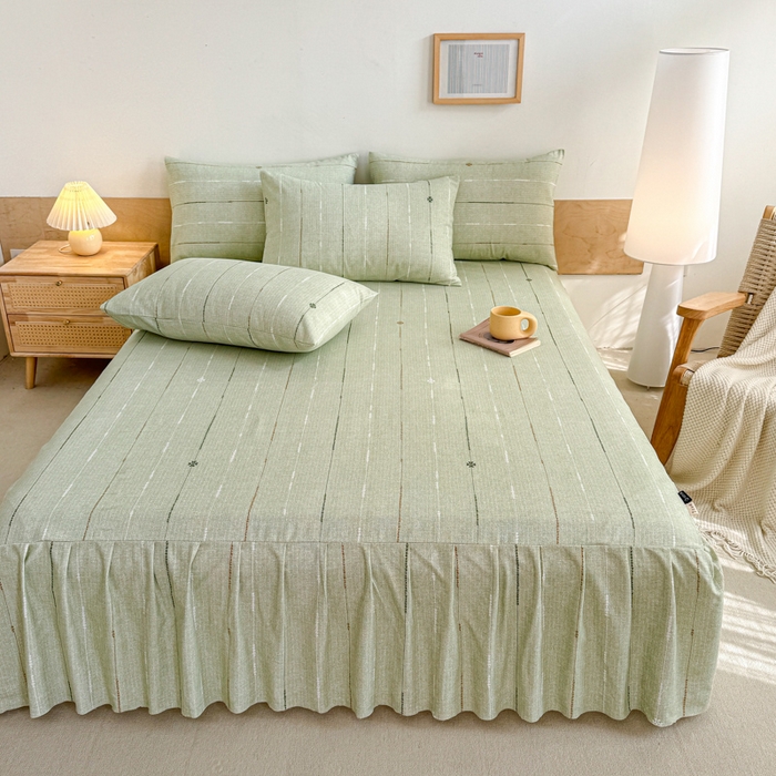 91家纺网 家纺一手货源 找家纺 布柔 2025新款100%全棉纯棉老粗布绣花印花凉席单品床裙 格林绿