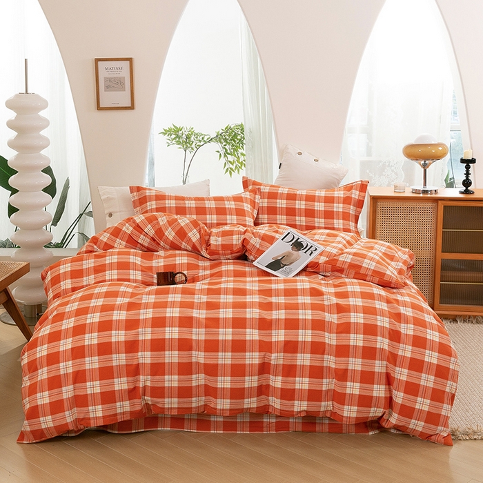 91家纺网 家纺一手货源 找家纺 喜四方 2025新款全棉色织水洗棉四件套 罗兰（桔）