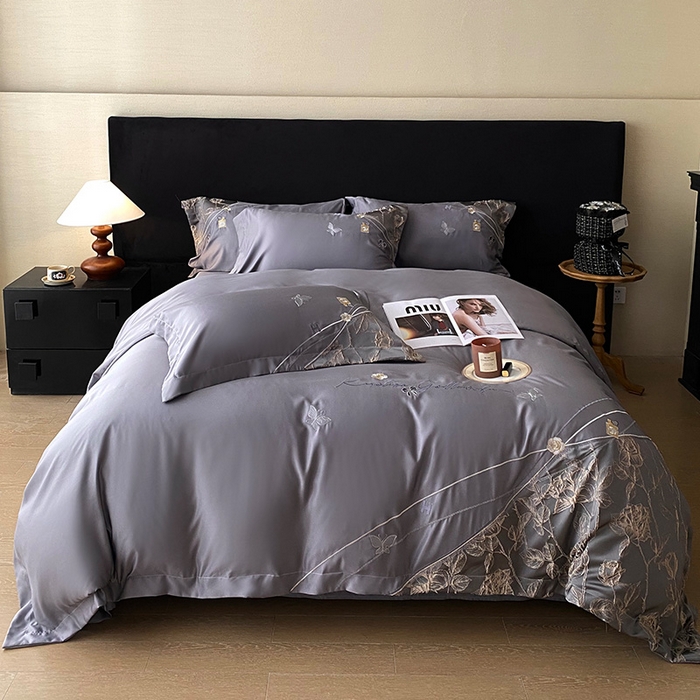 91家纺网 家纺一手货源 找家纺 优悦生活馆 2025新款冰丝浮雕绣花四件套 幽兰轻舞-深灰