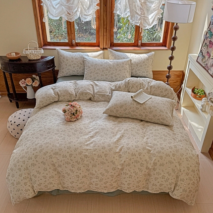 雪夫人 2025新款A类全棉有氧双层纱四件套 田园小兔