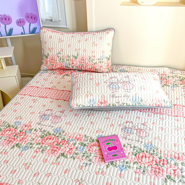 91家纺网 家纺一手货源 找家纺 柒月家居 2025新款小清新乳胶凉席 粉系花园