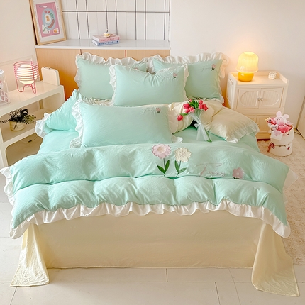 91家纺网 家纺一手货源 找家纺 家贝爱 2025新款花边刺绣玉颜系列四件套 玉颜-绿