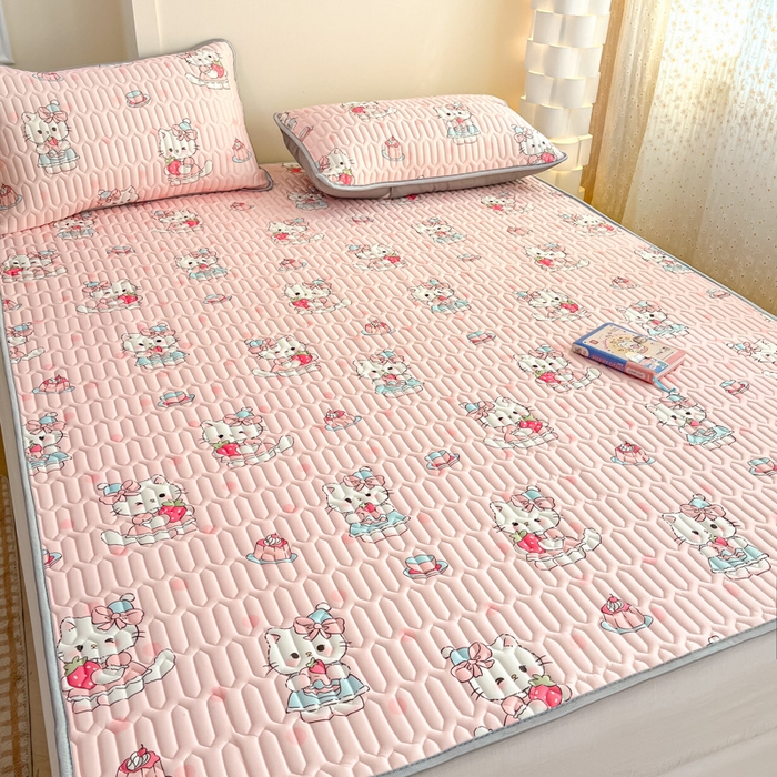 91家纺网 家纺一手货源 找家纺 柒月家居 2025新款小清新乳胶凉席 粉色猫咪