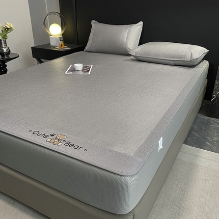 莱米家纺 2025新款加厚凉感绣花冰藤席 幸运熊—银灰-床笠