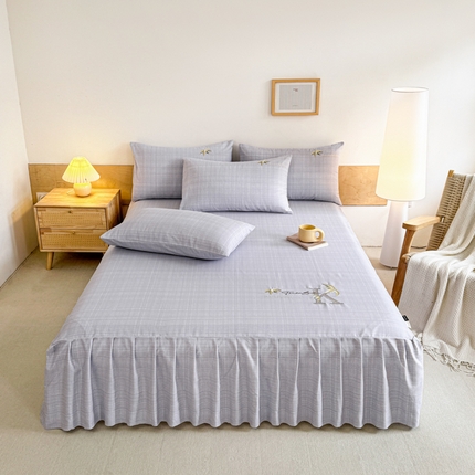 布柔 2025新款100%全棉纯棉老粗布绣花印花凉席单品床裙 米多灰