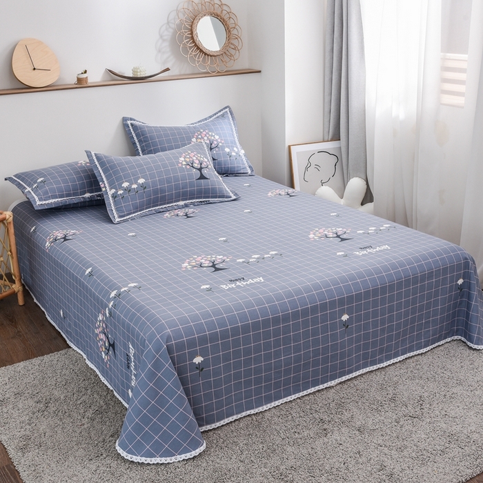 91家纺网 家纺一手货源 找家纺 仟网汇 2025全棉老粗布蕾丝花边三件套（无纺布手提包装） 发财树蓝灰