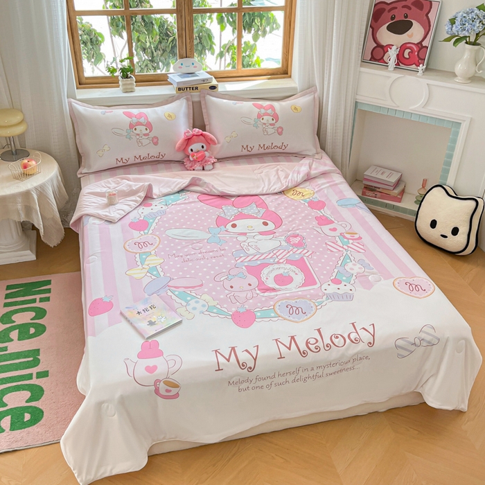 91家纺网 家纺一手货源 找家纺 博雅 2025新款 三丽鸥凉感丝夏被冰丝凉席组合四件套 魔法美乐蒂