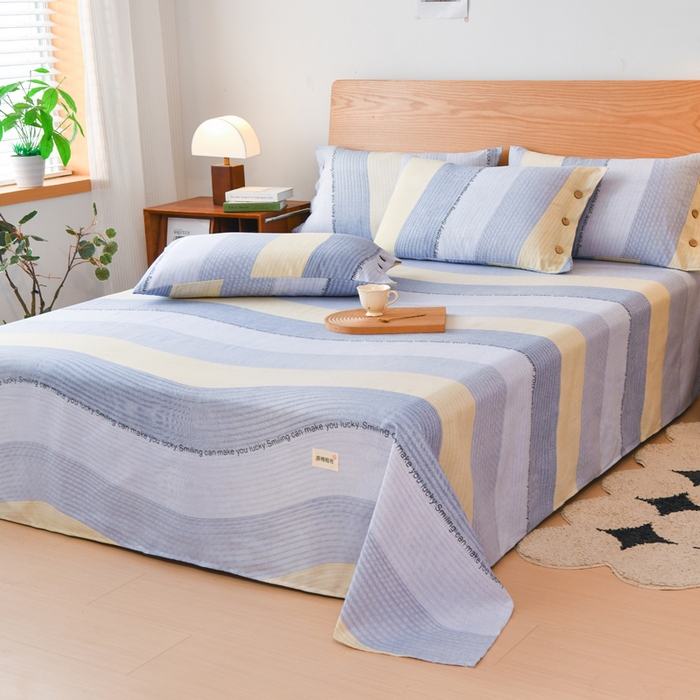 91家纺网 家纺一手货源 找家纺 仟网汇 2025新款活性印染无印纽扣原棉老粗布三件套 蓝波纹