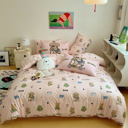 桃喜 2025新款13372经典混搭全棉卡通四件套 滑板车小狗粉