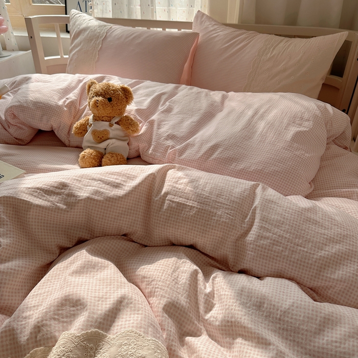 91家纺网 家纺一手货源 找家纺 顾里家纺 2025新款简约小资系列云感双层纱四件套 小粉格