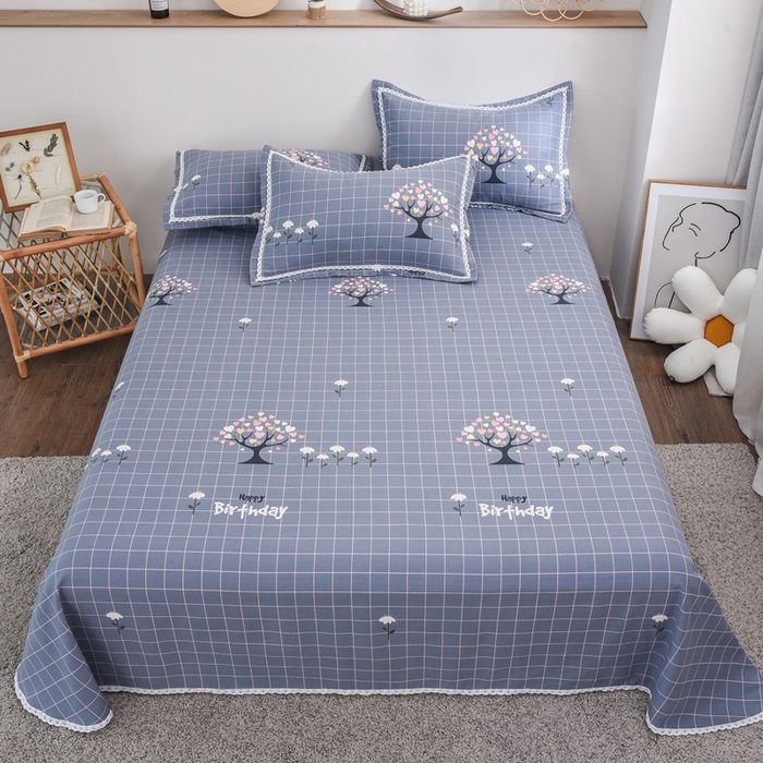 91家纺网 家纺一手货源 找家纺 仟网汇 2025全棉老粗布蕾丝花边三件套（无纺布手提包装） 发财树蓝灰