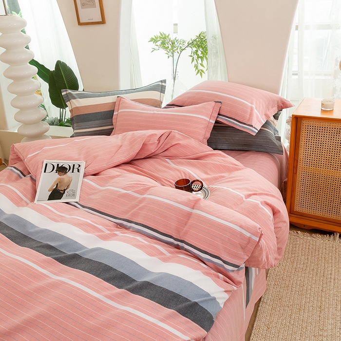 91家纺网 家纺一手货源 找家纺 喜四方 2025新款全棉色织水洗棉四件套 慢生活（粉）