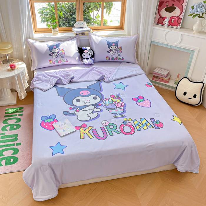 91家纺网 家纺一手货源 找家纺 博雅 2025新款 三丽鸥凉感丝夏被冰丝凉席组合四件套 开心库洛米