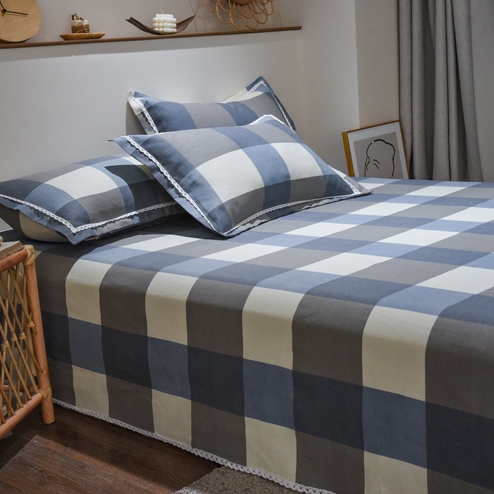 91家纺网 家纺一手货源 找家纺 仟网汇 2025全棉老粗布蕾丝花边三件套（无纺布手提包装） 蓝大格