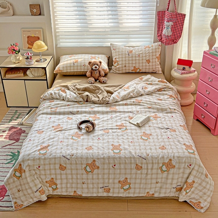 妖妖家纺 2025新款超柔双层纱糯糯针织棉夏凉被四件套 厨师小熊