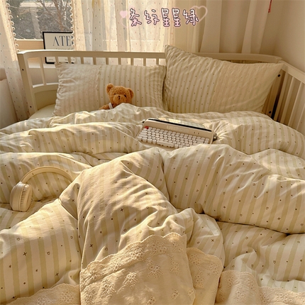 顾里家纺 2025新款简约小资系列云感双层纱四件套 条纹星星绿