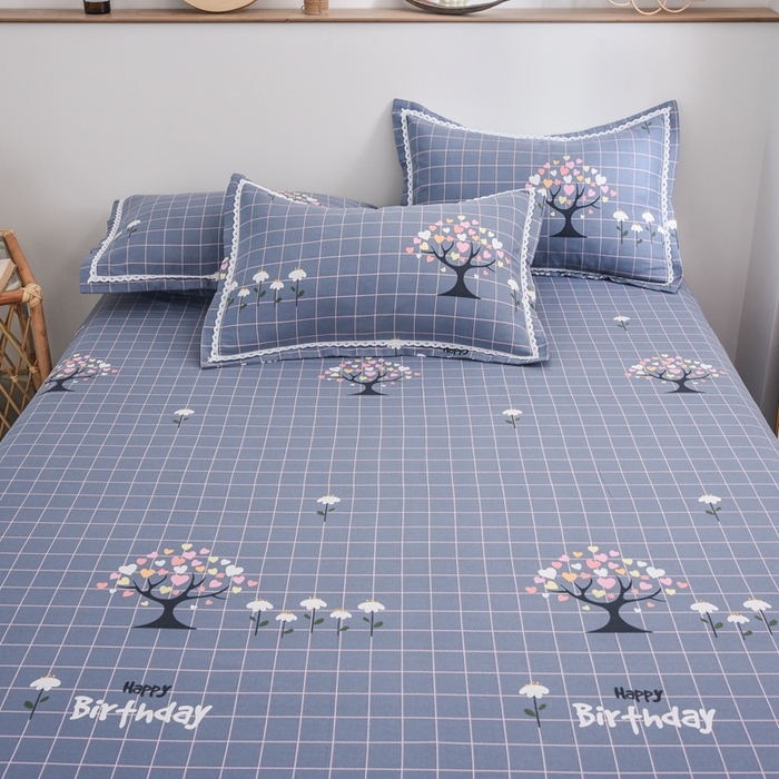 91家纺网 家纺一手货源 找家纺 仟网汇 2025全棉老粗布蕾丝花边三件套（无纺布手提包装） 发财树蓝灰