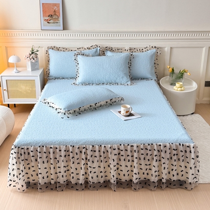 KA家纺 2025新款夏季A类凉感冰豆豆花边床裙凉席三件套 叶叶情深蓝