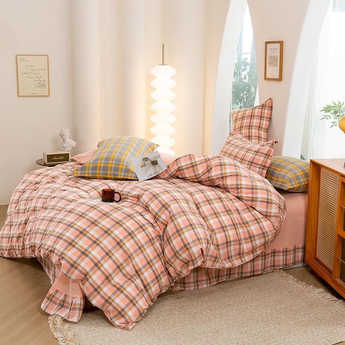 91家纺网 家纺一手货源 找家纺 喜四方 2025新款全棉色织水洗棉四件套 格丽（桔）