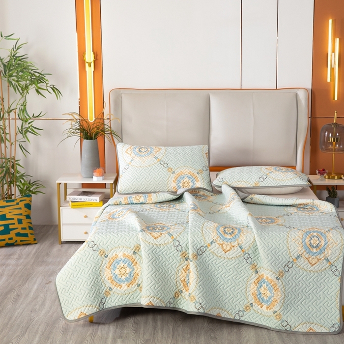 91家纺网 家纺一手货源 找家纺 美丽折2025夏季新品高端加厚全冰丝生物基乳胶凉席三件套 水洗天然乳胶凉席 富贵华庭绿