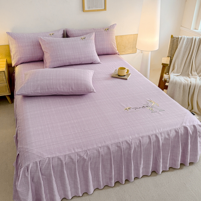 91家纺网 家纺一手货源 找家纺 布柔 2025新款100%全棉纯棉老粗布绣花印花凉席单品床裙 米多紫