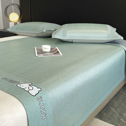 莱米家纺 2025新款加厚凉感绣花冰藤席 可爱兔—湖绿-凉席