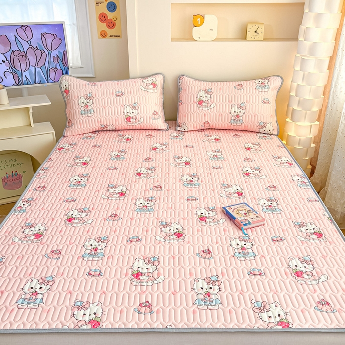 91家纺网 家纺一手货源 找家纺 柒月家居 2025新款小清新乳胶凉席 粉色猫咪