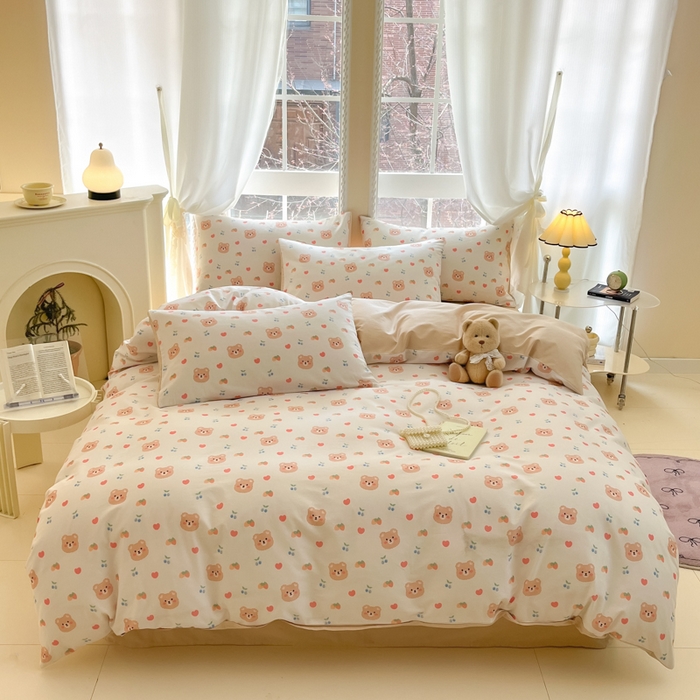 91家纺网 家纺一手货源 找家纺 仔仔熊 2025新款全棉印花四件套 爱心小熊