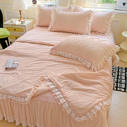 创爱家纺 2025新款3D提花冰豆豆床裙款凉席夏被四件套 冰豆豆-粉