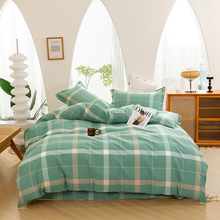 91家纺网 家纺一手货源 找家纺 喜四方 2025新款全棉色织水洗棉四件套 悠然大格（绿）