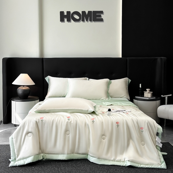 91家纺网 家纺一手货源 找家纺 满羽家纺 2025新款冰丝夏被四件套-满绣系列 郁金香-奶白绿