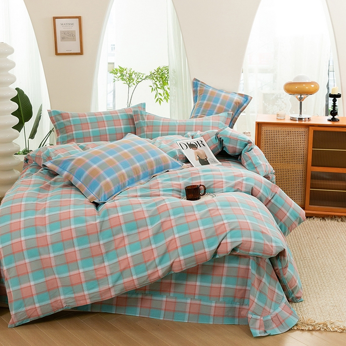 91家纺网 家纺一手货源 找家纺 喜四方 2025新款全棉色织水洗棉四件套 思域（绿）