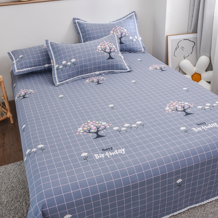 91家纺网 家纺一手货源 找家纺 仟网汇 2025全棉老粗布蕾丝花边三件套（无纺布手提包装） 发财树蓝灰