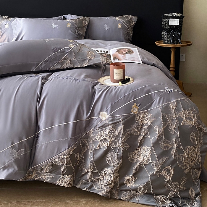 91家纺网 家纺一手货源 找家纺 优悦生活馆 2025新款冰丝浮雕绣花四件套 幽兰轻舞-深灰