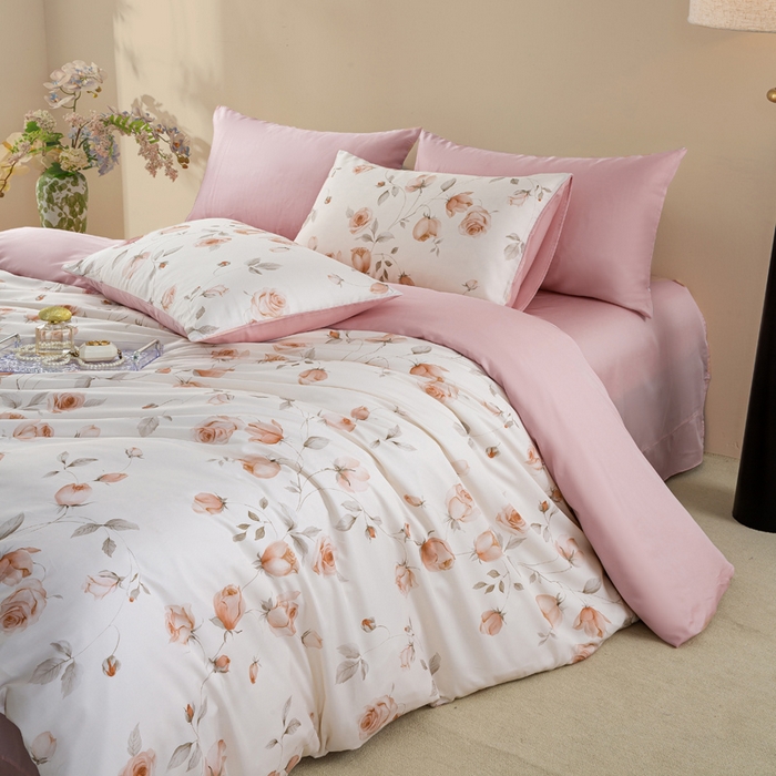 91家纺网 家纺一手货源 找家纺 帅露家纺 2025新款50S莱赛尔天丝印花四件套 花艺盈香-粉